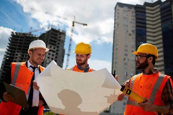 Construction engineers reviewing building plans at a project site with support from Alsaqib Recruitment Agency.