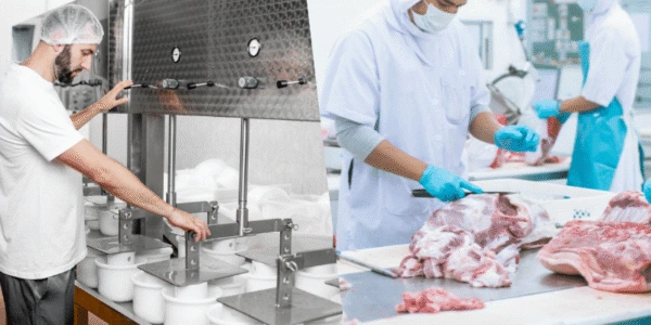 Dairy and meat processing workers following hygiene and food safety procedures